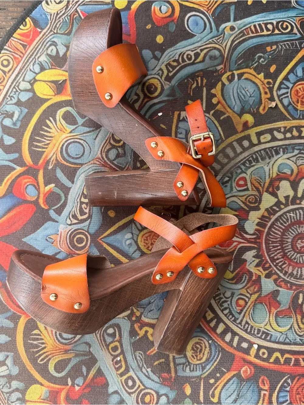 Mossimo Supply Co. Orange Leather Platform Sandals with Wood Heel